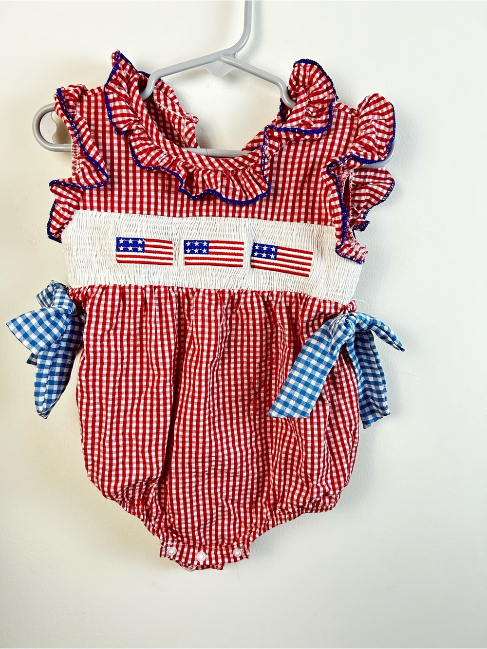 Baby Girl Red Gingham Smocked One-Piece with Blue Bows